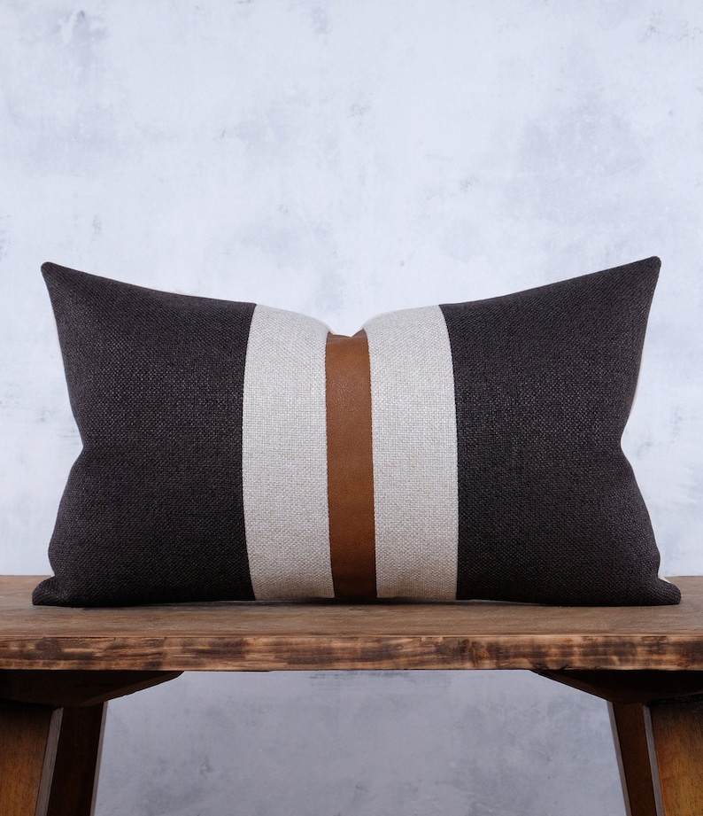 Faux Leather Color Block Lumbar Pillow Cover Mid Century Modern Boho Decor Pillows Covers Cognac Brown Charcoal Beige Striped Cushion Case image 1