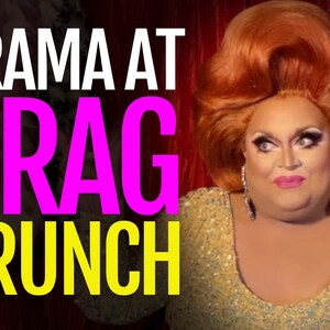 May include: A drag queen with bright red hair and a gold sequined dress poses for a photo. The text "DRAMA AT DRAG BRUNCH" is in the foreground.