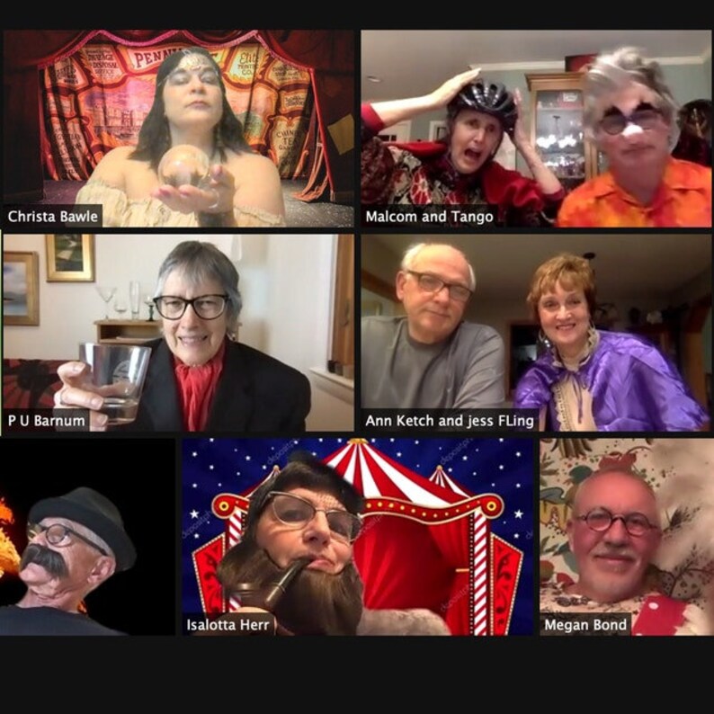 May include: A group of people on a video call, some are wearing costumes. The people are in different settings, including a room with a red and white striped tent, a room with a red and white striped curtain, and a room with a floral patterned curtain. The people are smiling and looking at the camera.