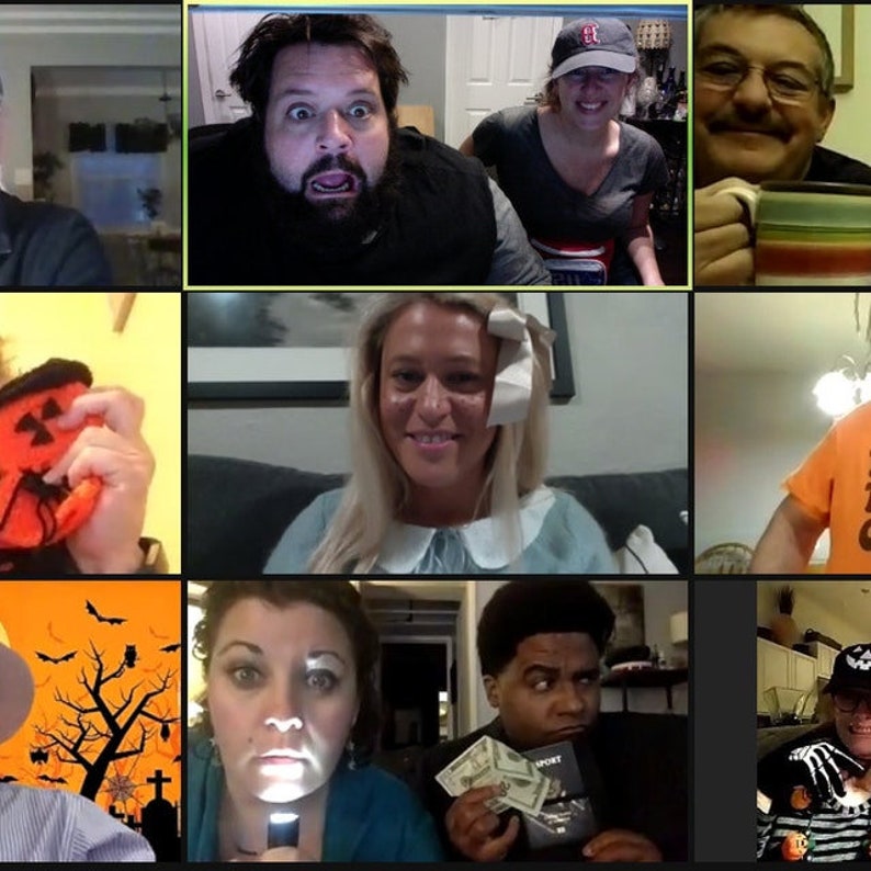 May include: A group of people are on a video call, some are dressed in costumes for Halloween. One person is holding a flashlight, another is holding a stack of cash, and another is holding a pumpkin.