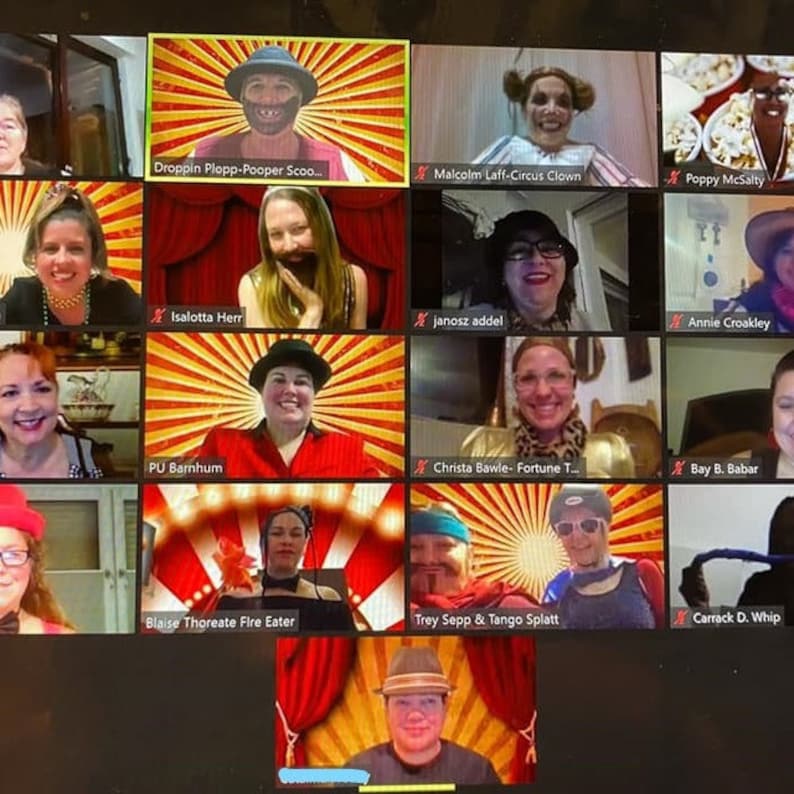 May include: A group of people on a video call with a circus theme. Each person has a different costume and background. The text "Droppin Plopp-Pooper Scoo..." is visible in one of the video frames.