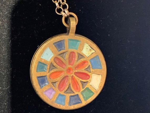 Colorful circular pendant with chain, Terra Sanct… - image 1