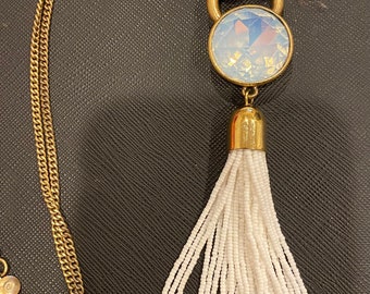 Vintage J Crew Tassel Necklace. Perfect with any Outfit. Stone and White Bead Drop on a Long Chain.