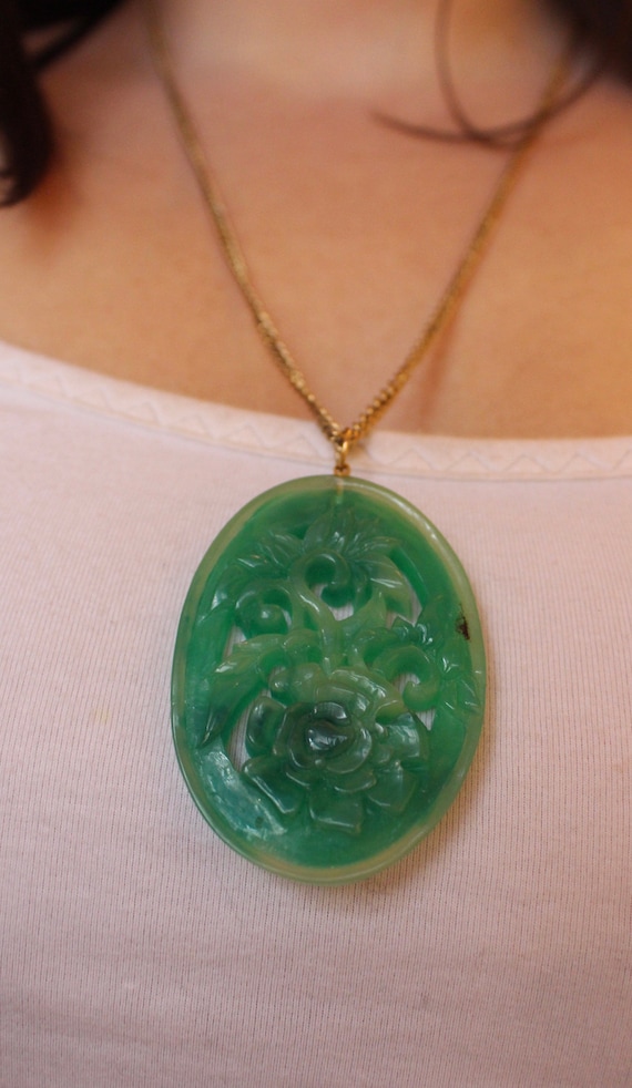 Oval Carved Jade Necklace - image 2
