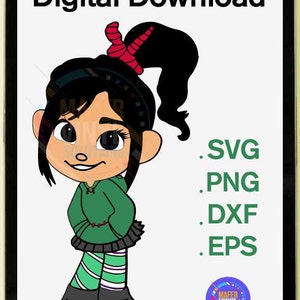May include: Digital download of a cartoon character with black hair, a red bow, a green sweater, and striped leggings. The image includes the text "Digital Download" and file types: SVG, PNG, DXF, EPS. The image also includes a logo for "Mafer Vinyl".