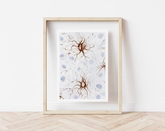 May include: A framed print featuring a watercolor illustration of neuron cells. The artwork displays brown, tree-like structures with delicate branches, interspersed with pale blue, circular shapes, all set against a white background. The frame is made of light-colored wood.