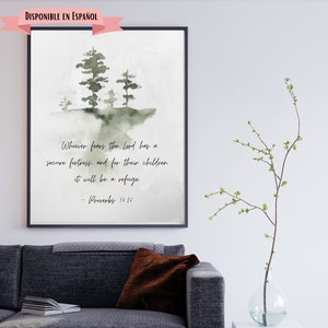 May include: A watercolor painting of trees with a quote from Proverbs 14:26: "Whoever fears the Lord has a secure fortress, and for their children it will be a refuge." The quote is written in black ink on a white background.