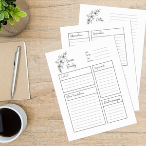 Könnte beinhalten: Druckbare Bibelstudien-Arbeitsblatt mit floralem Design. Abschnitte beinhalten: Vers, Kontext, Andere Übersetzungen, Schlüsselwörter, Verwandte Passagen, Datum, Passage, Typ, Publikum, Beobachtungen und Anwendung.