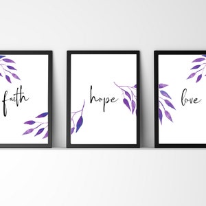 1 Corinthians 13:13 faith hope love printable Christian wall art, set of three. DIY print from home wall hanging, home decor. Scripture art.