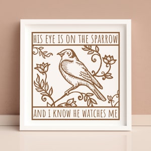 His eye is on the sparrow Christian printable wall art. DIY print at home wall hanging, home decor.