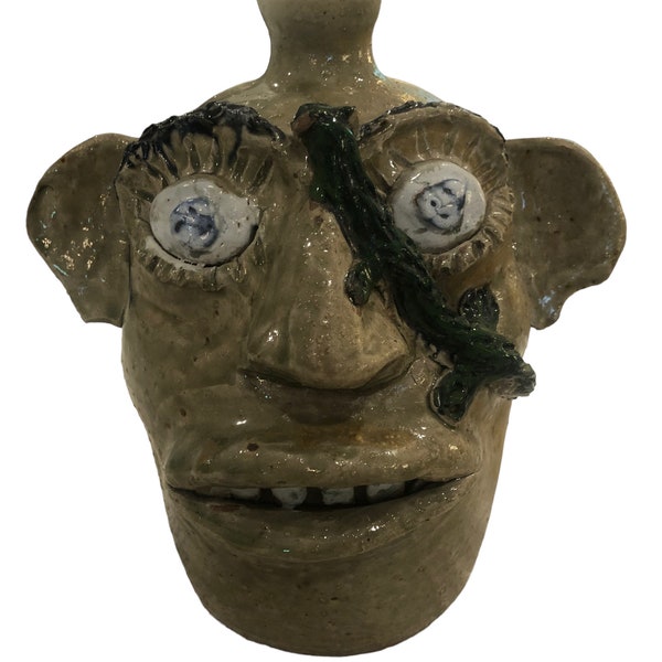 Jerry Brown (1942-2016) Large Sage Green Face Jug with Lizard