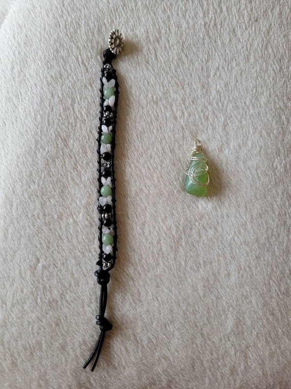 Wrapped Aventurine Pendant item #36, and Aventurine/Rose Quartz bracelet item #140