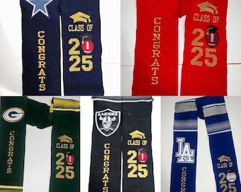 May include: Six graduation sashes with different team logos. The sashes are red, blue, green, black, and white. Each sash has the words "CONGRATS" and "CLASS OF 2025" embroidered on them. The logos are the San Francisco 49ers, Los Angeles Dodgers, Green Bay Packers, Las Vegas Raiders, and Dallas Cowboys.