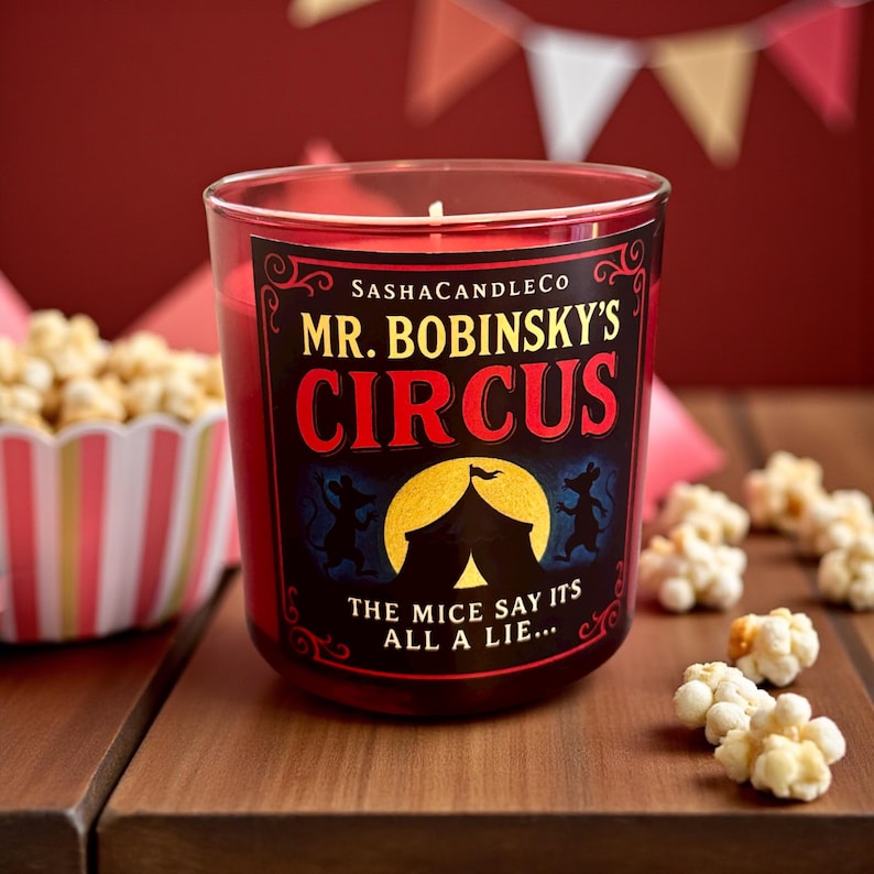 May include: A red candle in a glass jar with the text "MR. BOBINSKY'S CIRCUS" on the front. The candle is next to a bowl of popcorn and some loose popcorn kernels. The background is red.