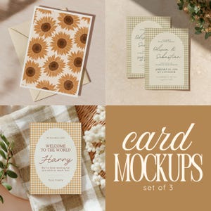 May include: A collection of three card mockups. One card displays a sunflower design, another has wedding information, and the third welcomes a baby named Harry. The cards are arranged on a neutral surface.