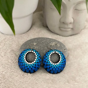 Ocean – Hand-painted wooden earrings, blue pointillism & hidden message