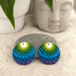 Rainbow Ray – Hand-painted wooden earrings, multi-colored pointillism & hidden message