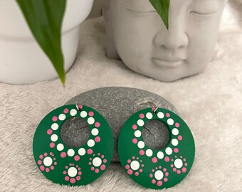 The Vibrant Petal, Mandala Dotting Earrings, Green Unique Custom Jewellery, Wooden Handmade Acrylic Painted Earrings,