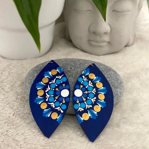 Celestial Leaves – Hand-painted wooden earrings, mandala art & hidden message