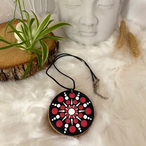 Circle of Strength – Hand-painted round wooden pendant, red and white mandala