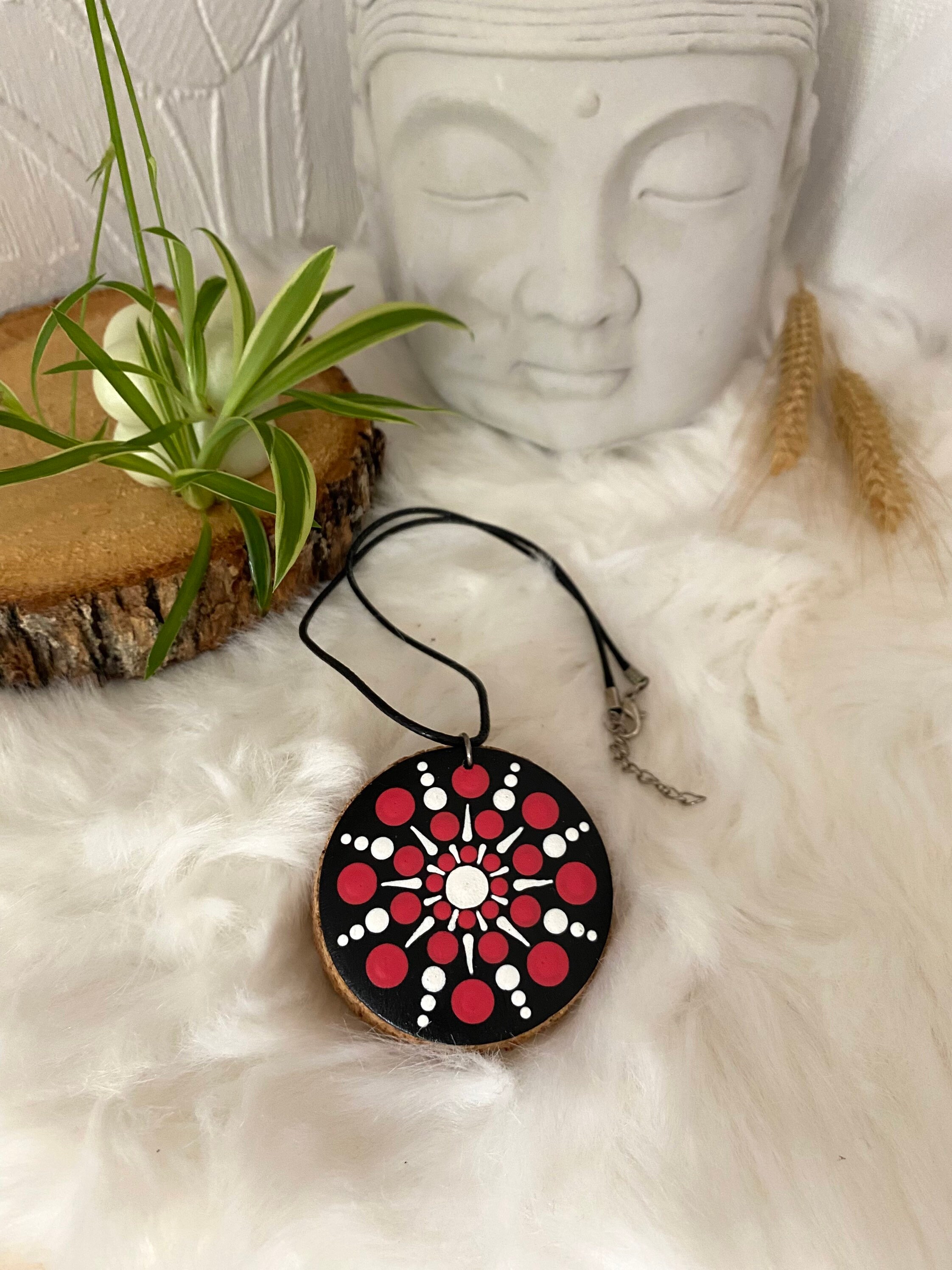 Circle of Strength – Hand-painted Round Wooden Pendant, Red and