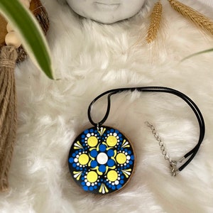 Calm Joy - Hand-painted wooden pendant, blue & yellow mandala, peaceful harmony