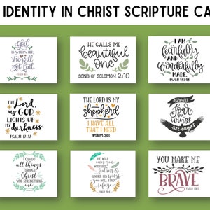 Carte scritturali stampabili, Identità in Cristo, Carte versetto della Bibbia digitali, Affermazioni bibliche, Carte di incoraggiamento delle Scritture, Promesse di Dio