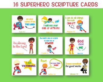 Printable Bible Verse cards for kids, Superhero Scripture cards for boys, Bible verse notes, Superhero cards, Kids encouragement cards