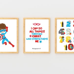 Ein Superheld für Jungen, Poster für das Kinderzimmer, Philipper 4 13 Wanddeko, Ich kann alles durch Christus tun, Kinderzimmer Zahlen Druck