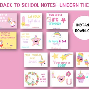 Cartões de almoço para impressão, notas de unicórnio, notas de almoço para crianças, volta às aulas de unicórnio, cartões de versículos bíblicos para meninas, cartões de escrituras para impressão para crianças