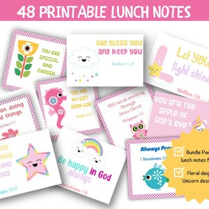 Notes de déjeuner pour filles imprimables, notes d'amour pour le déjeuner, notes de retour à l'école, cartes d'encouragement à l'école, cartes de versets bibliques pour filles, notes de licorne