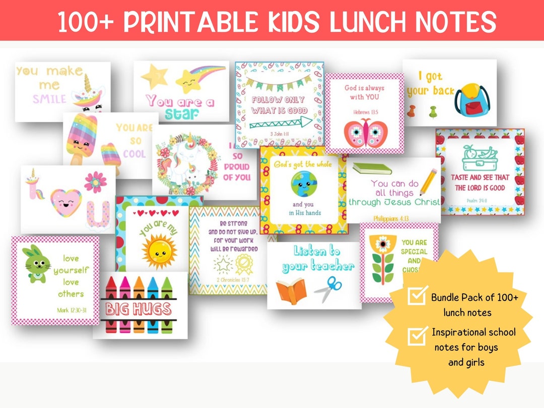 Kids Lunch Notes, Printable Lunchbox Notes, Back to School Notes, Lunch ...