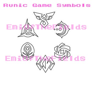 May include: A collection of five distinct black line art symbols arranged in a circular pattern, featuring geometric and abstract shapes. The text Runic Game Symbols appears at the top, with the watermark EmiOfTheFields repeated twice.