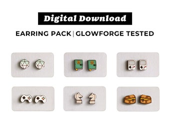 May include: A set of six pairs of laser-cut wooden earrings. The earrings feature various designs, including a diamond, a book, a game console, a game controller, a chess piece, and a treasure chest. The earrings are all in different colors and are ready to be made into earrings.