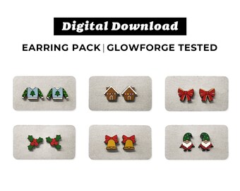 May include: Digital download of an earring pack with laser-ready SVG files. The earrings feature festive designs including sweaters, gingerbread houses, red bows, holly, bells with red bows, and gnome figures. The text "Digital Download" and "Earring Pack | Glowforge Tested" are displayed.