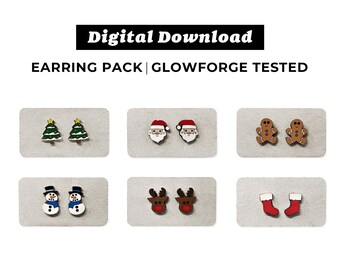 May include: Set of 6 Christmas earring designs, including a snowman, reindeer, Santa, gingerbread man, Christmas tree, and stocking. Laser-ready SVG files for Glowforge.