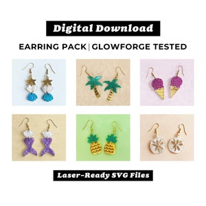May include: A set of six pairs of laser-cut earring designs, including a seashell, palm tree, ice cream cone, mermaid, pineapple, and a sand dollar. The earrings are made of acrylic and are available for digital download. The text "Digital Download" and "Earrings Pack | Glowforge Tested" is displayed at the top of the image. The text "Laser-Ready SVG Files" is displayed at the bottom of the image.