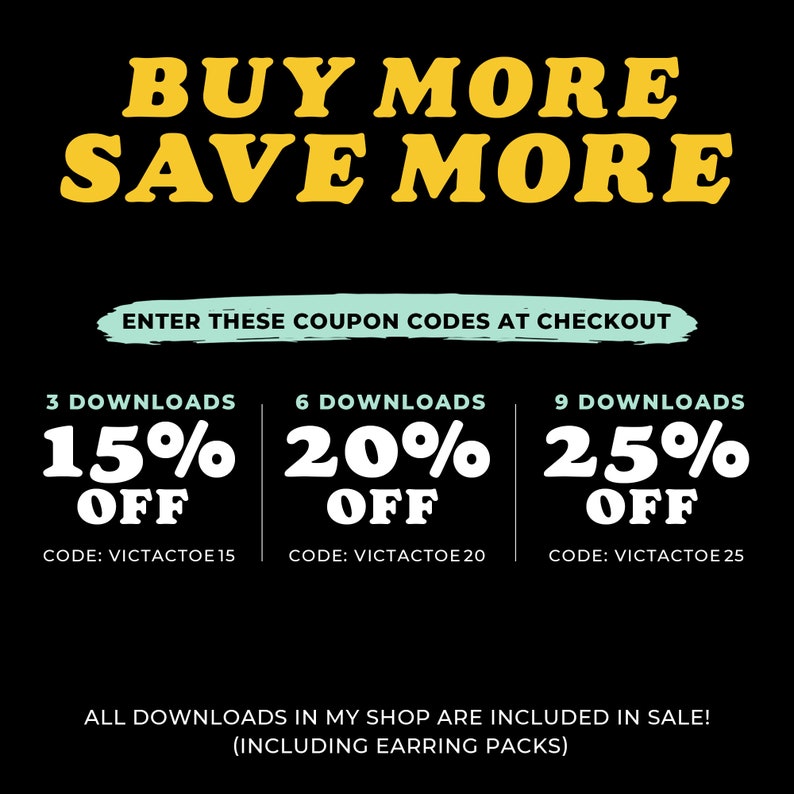 Puede incluir: Un gr&aacute;fico negro y amarillo con el texto "BUY MORE SAVE MORE" en amarillo. El gr&aacute;fico tambi&eacute;n incluye tres c&oacute;digos de cup&oacute;n para un 15%, 20% y 25% de descuento con el texto "ENTER THESE COUPON CODES AT CHECKOUT" en azul claro.