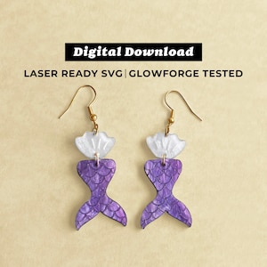 May include: Purple mermaid tail earrings with a white seashell charm.  The earrings are laser ready SVG files and Glowforge tested.  Digital download.