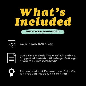 Puede incluir: Un gr&aacute;fico con el texto "What's Included" en amarillo sobre un fondo negro. El gr&aacute;fico enumera los archivos incluidos con una descarga digital: Archivo(s) SVG listo(s) para l&aacute;ser, PDF que incluyen instrucciones "C&oacute;mo hacerlo", material sugerido, configuraci&oacute;n de Glowforge y d&oacute;nde comprar acr&iacute;lico, y uso comercial y personal permitido para los productos hechos con el(los) archivo(s).