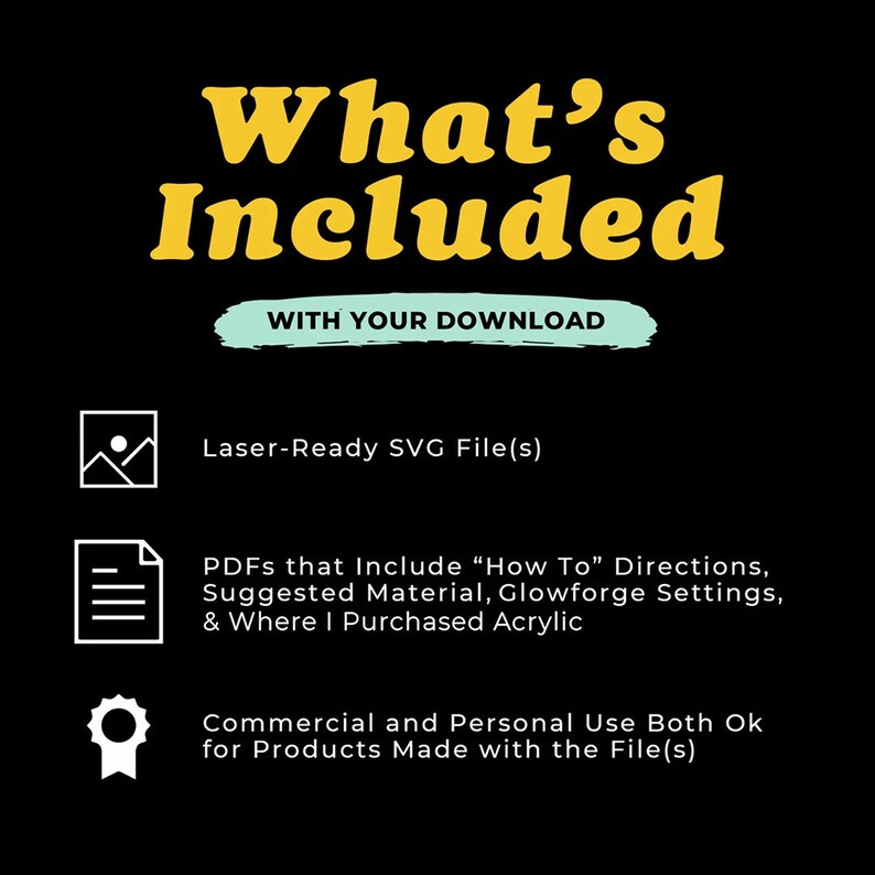Puede incluir: Un gr&aacute;fico con el texto "What's Included" en amarillo sobre un fondo negro. El gr&aacute;fico enumera los archivos incluidos con una descarga digital: Archivo(s) SVG listo(s) para l&aacute;ser, PDF que incluyen instrucciones "C&oacute;mo hacerlo", material sugerido, configuraci&oacute;n de Glowforge y d&oacute;nde comprar acr&iacute;lico, y uso comercial y personal permitido para los productos hechos con el(los) archivo(s).
