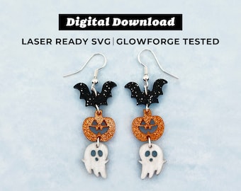 Archivo de pendientes acrílicos de murciélago, calabaza y fantasma - Pendientes colgantes - Archivo SVG - Compatible con Glowforge - DESCARGA INSTANTÁNEA - Archivo de pendientes Glowforge