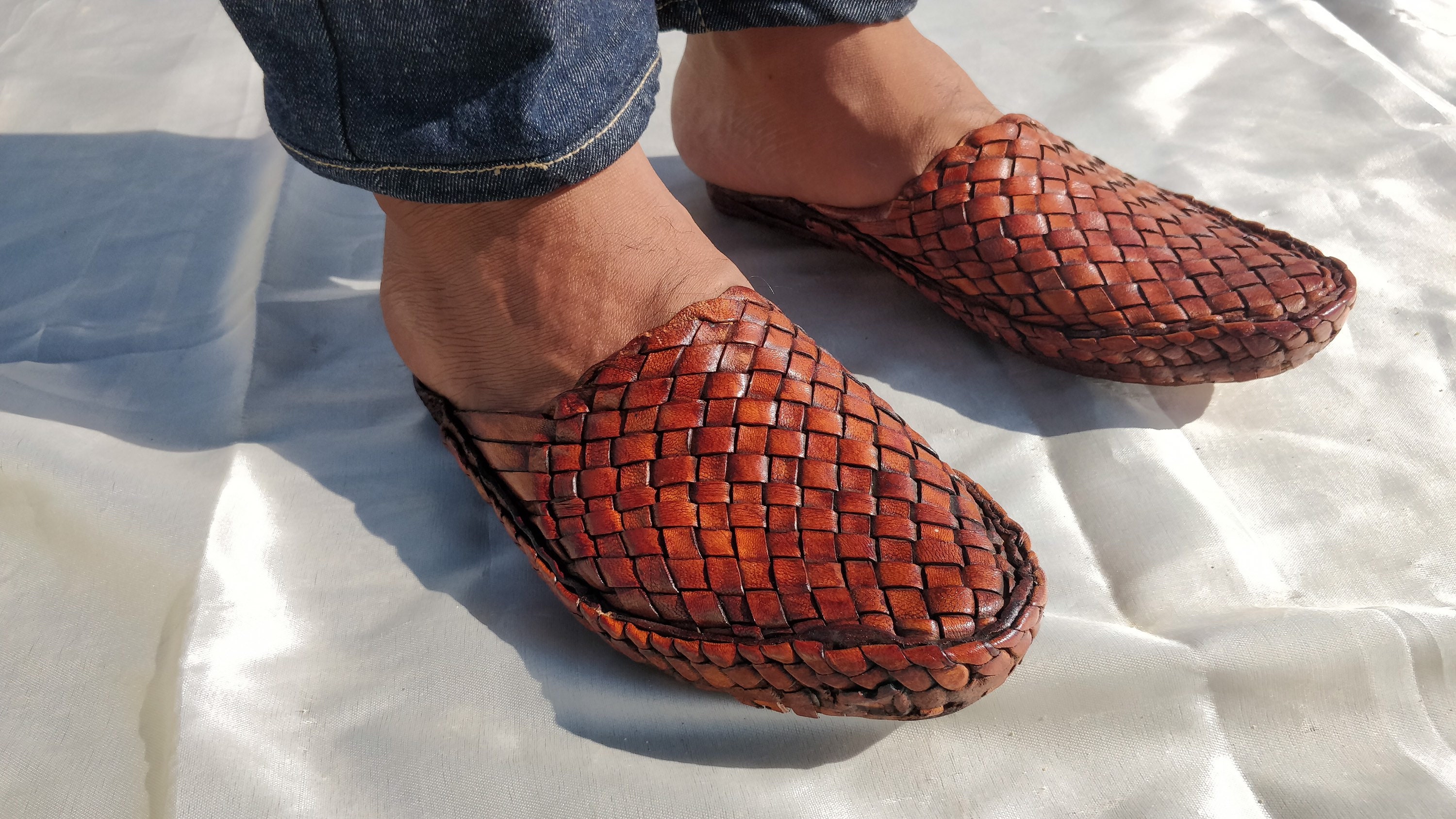 womens woven leather mules