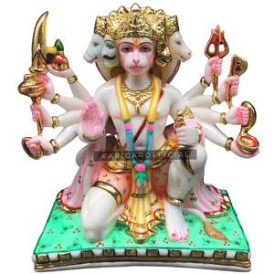 Panchmukhi Hanuman Statue Murti 12 inches Large Gold Leaf Marble Blessing 5 Faces Hanuman Idol Monkey God Power Bhakti Home Temple Sculpture