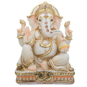 Ganesha Murti Statue, Gold Leaf Work Ganpati Figurine, Large Marble Ganapati Idol, Vinayak Deity Elephant Head, Fathers Day Gift Statue.