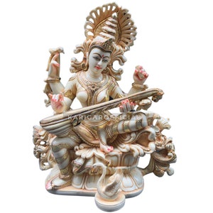 Saraswati Statue Murti Large 12 inches Gold Leaf Work Hindu Goddess Figurine Marble Saraswati Idol for Home Temple Pooja Housewarming Gifts