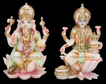 Lakshmi Ganesh Murti Statue 18 CM Gold Hand Painted Marble Laxmi Ganesha Statues Ganesh Laxmi Sculpture Ganpati Laxmi God Home decor Gifts