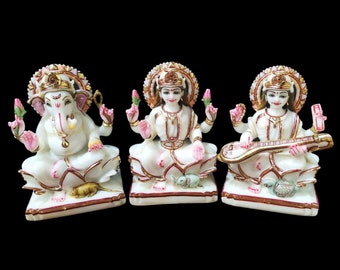 Lakshmi Ganesh Saraswati Murti Statue 6 inches Gold Hand Painted Marble Laxmi Ganesha Saraswati Statues Idol Home Decor Gifts Sculpture God