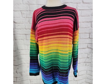 Suéter de punto vintage con rayas arcoíris, talla grande, orgullo LGBT, colorido, retro, brillante