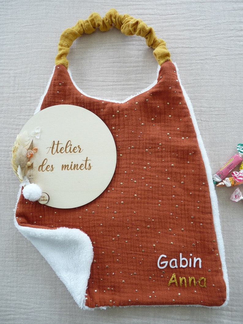 Serviette de cantine personnalisable/serviette élastique enfant/Bavoir maternelle éponge bambou/rentrée scolaire/cadeau petit prix Terracotta